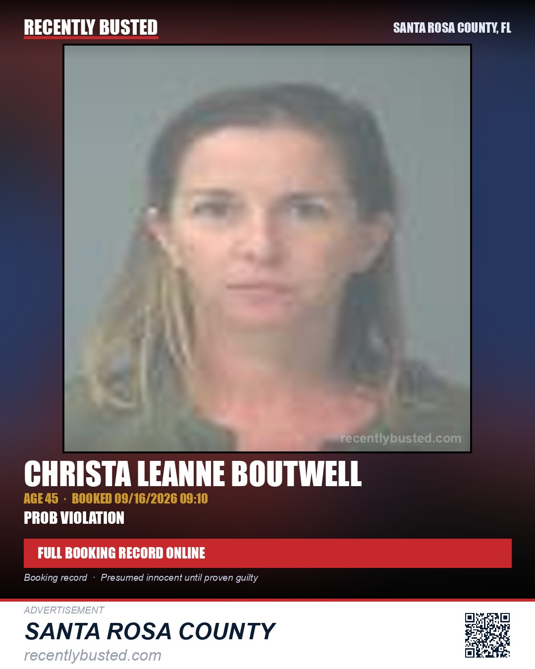 Christa Leanne Boutwell — arrest record card, Santa Rosa County, Florida