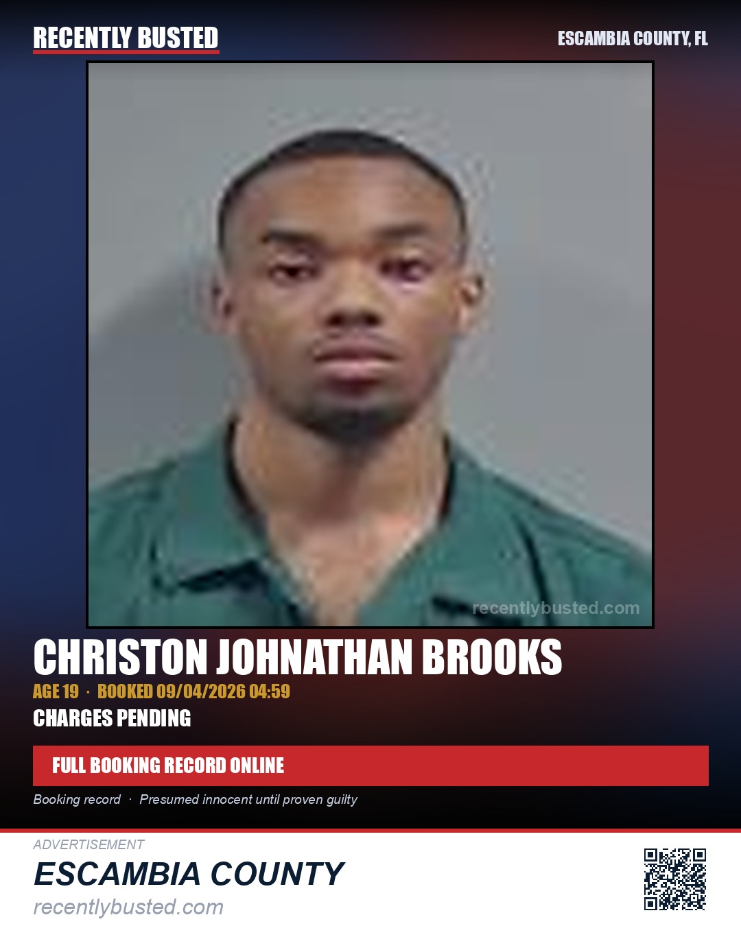Christon Johnathan Brooks — arrest record card, Escambia County, Florida