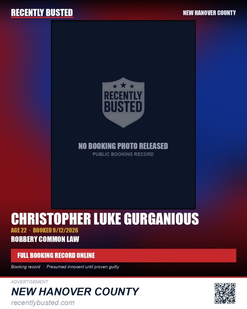 CHRISTOPHER LUKE GURGANIOUS — arrest record card, New Hanover