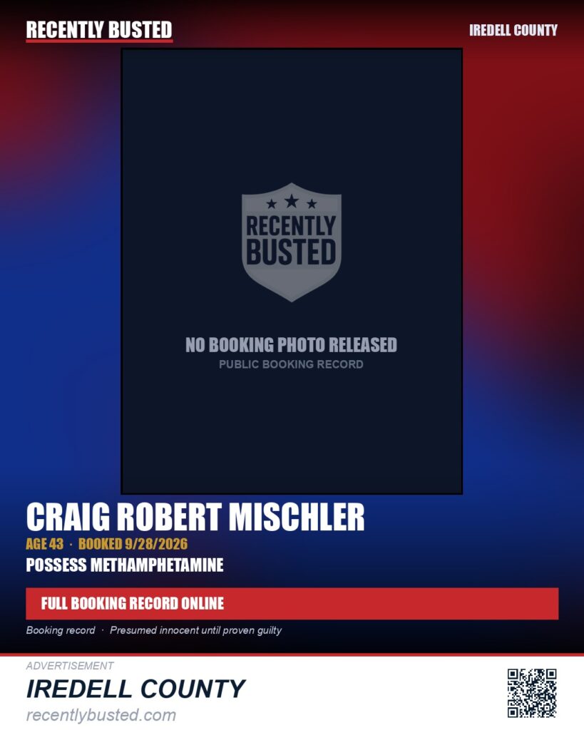 CRAIG ROBERT MISCHLER — arrest record card, Iredell County