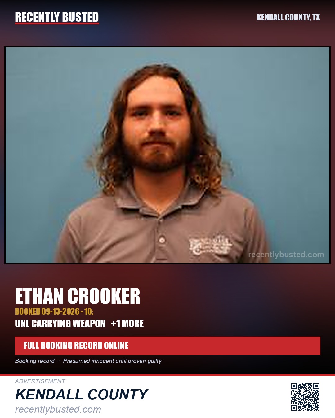 Crooker, Ethan — arrest record card, Kendall County, Texas