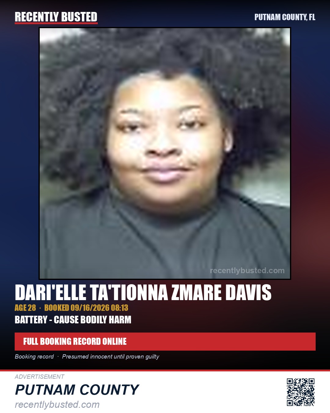 Dari'Elle Ta'Tionna Zmare Davis — arrest record card, Putnam County, Florida