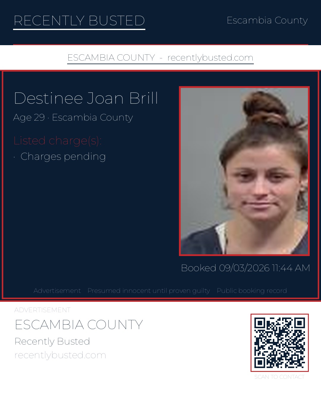 Destinee Joan Brill — arrest record card, Escambia County, Florida