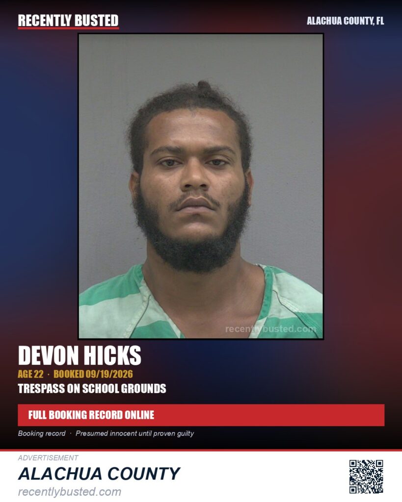 Devon Hicks — arrest record card, Alachua County, Florida
