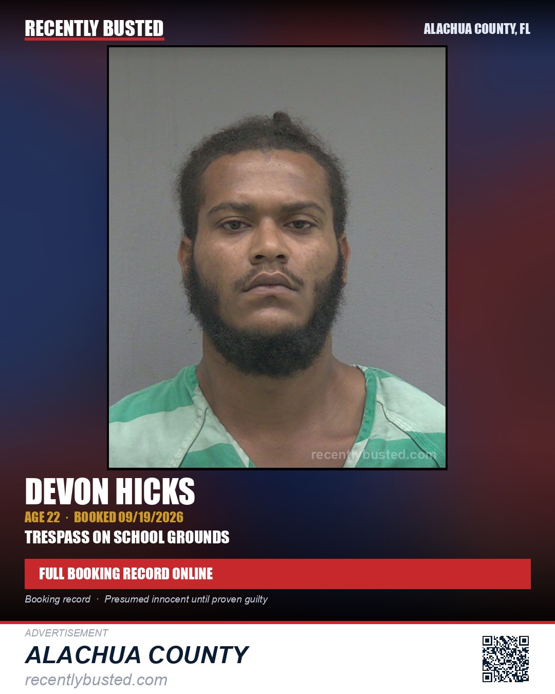Devon Hicks — arrest record card, Alachua County, Florida