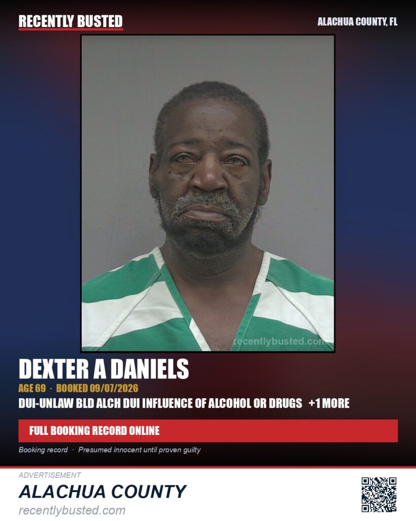 Dexter A Daniels — arrest record card, Alachua County, Florida