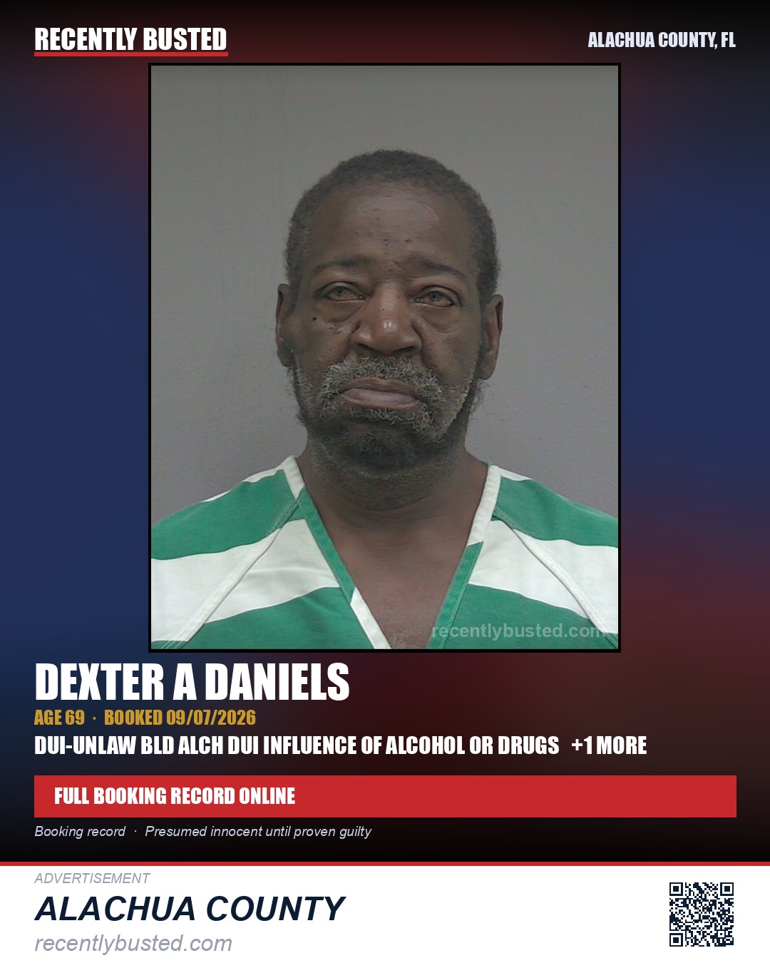 Dexter A Daniels — arrest record card, Alachua County, Florida