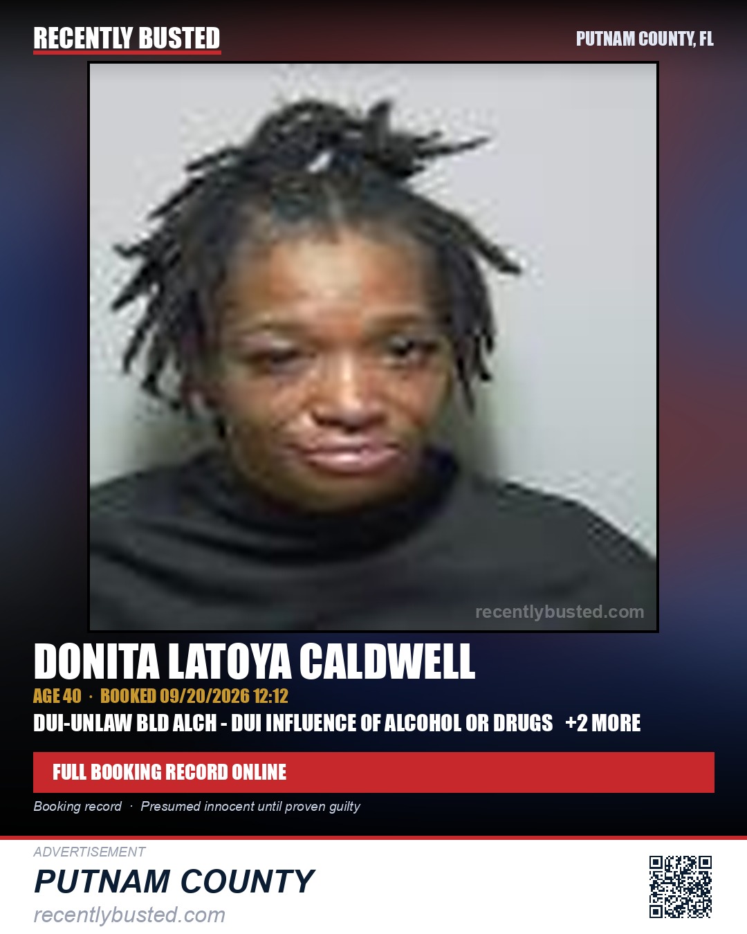 Donita Latoya Caldwell — arrest record card, Putnam County, Florida