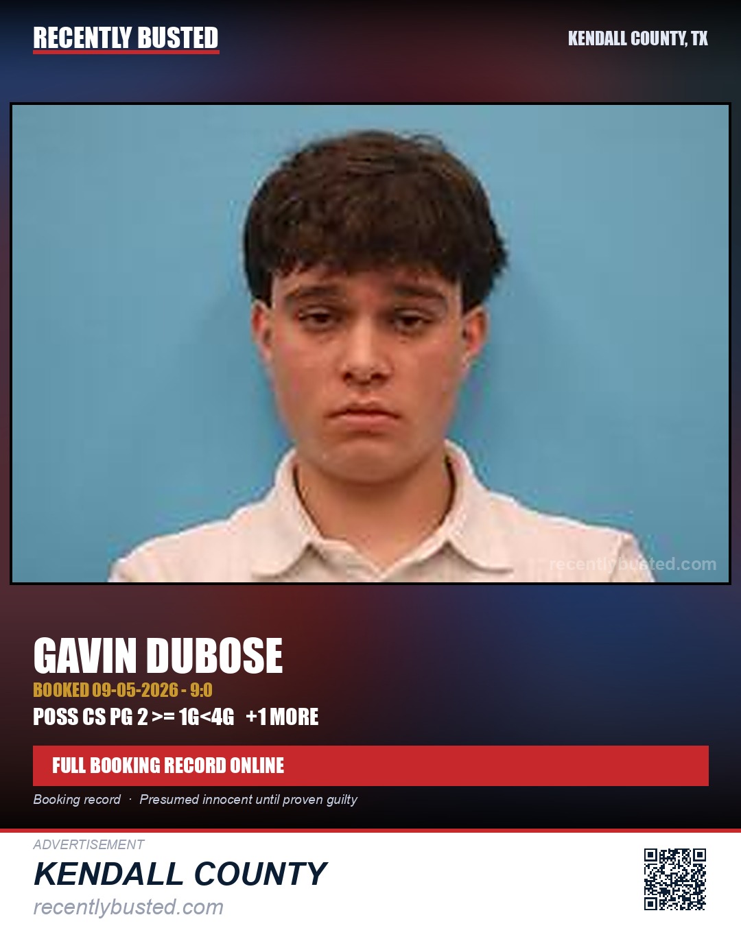 Dubose, Gavin — arrest record card, Kendall County, Texas