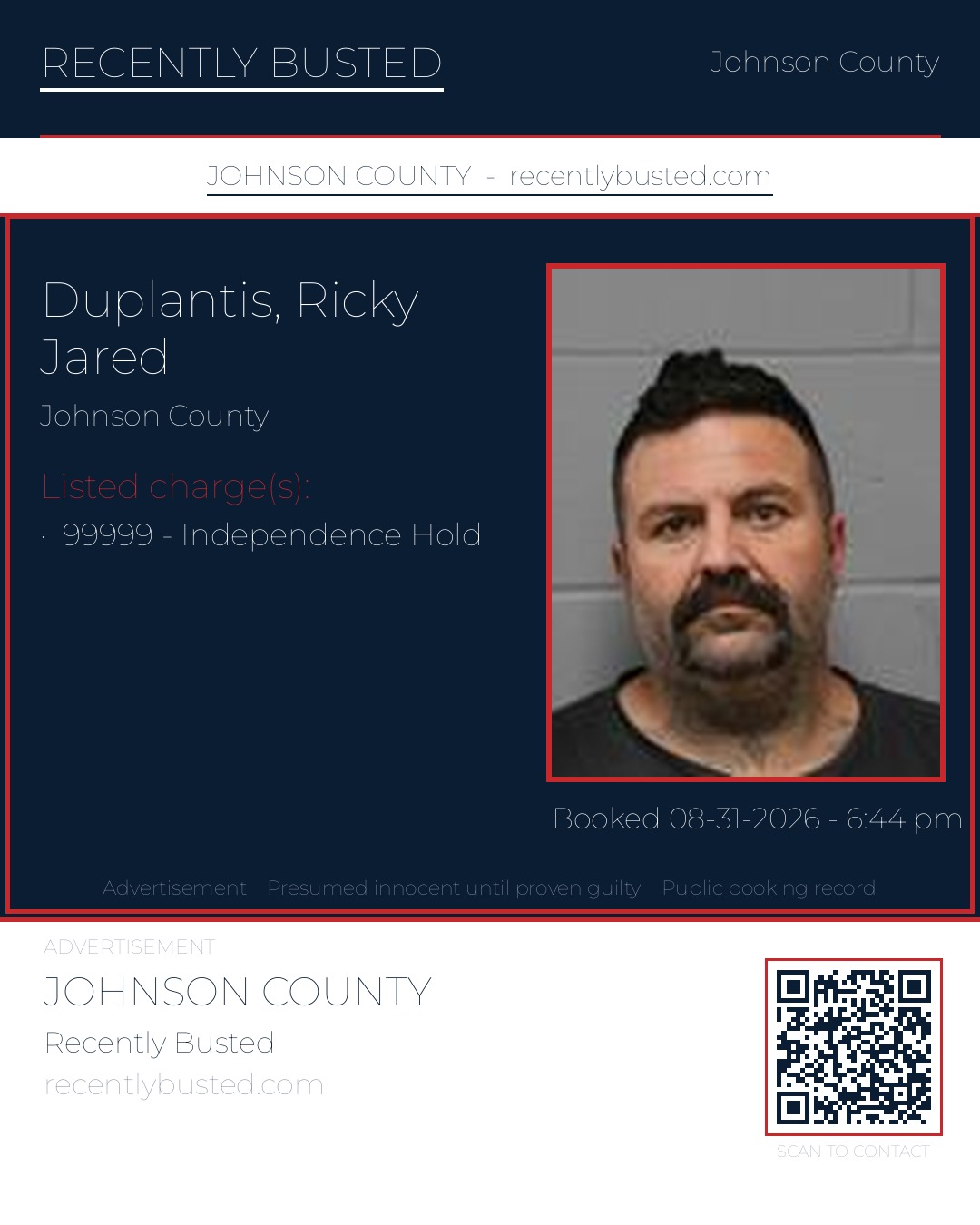 DUPLANTIS, RICKY JARED — arrest record card, Johnson County, Missouri