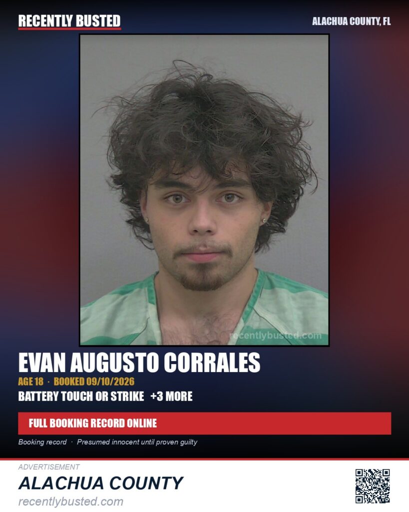 Evan Augusto Corrales — arrest record card, Alachua County, Florida