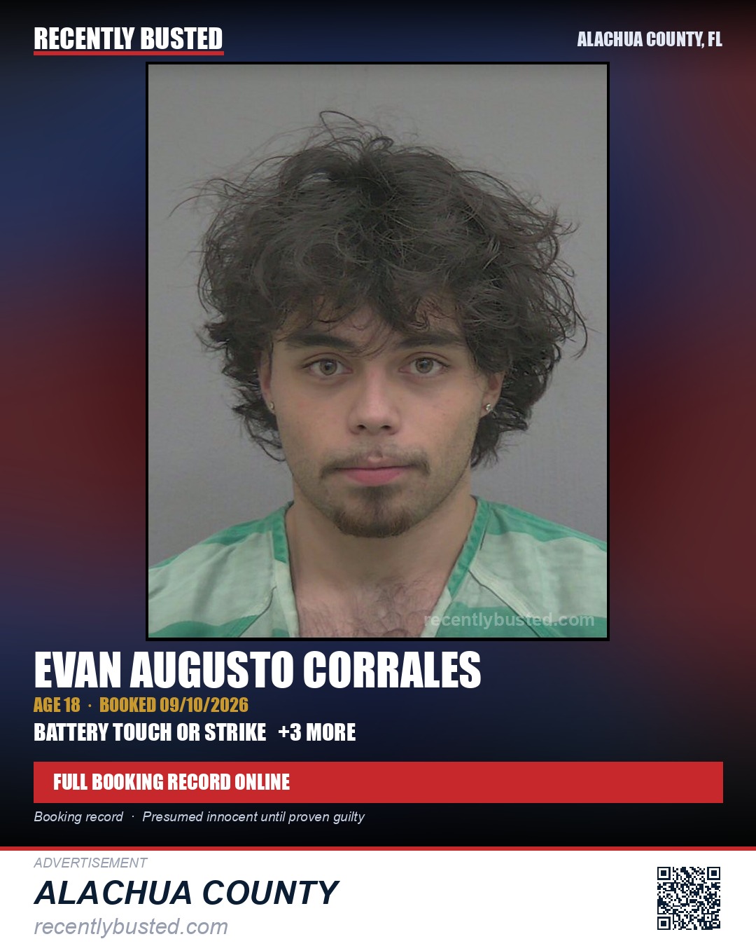 Evan Augusto Corrales — arrest record card, Alachua County, Florida