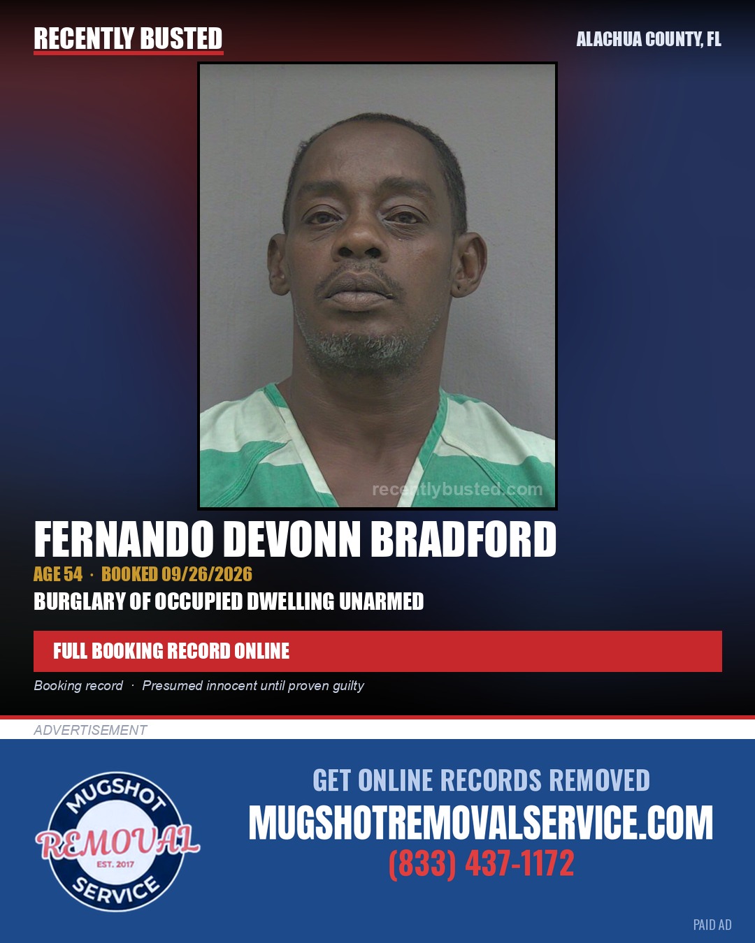 Fernando Devonn Bradford — arrest record card, Alachua County, Florida
