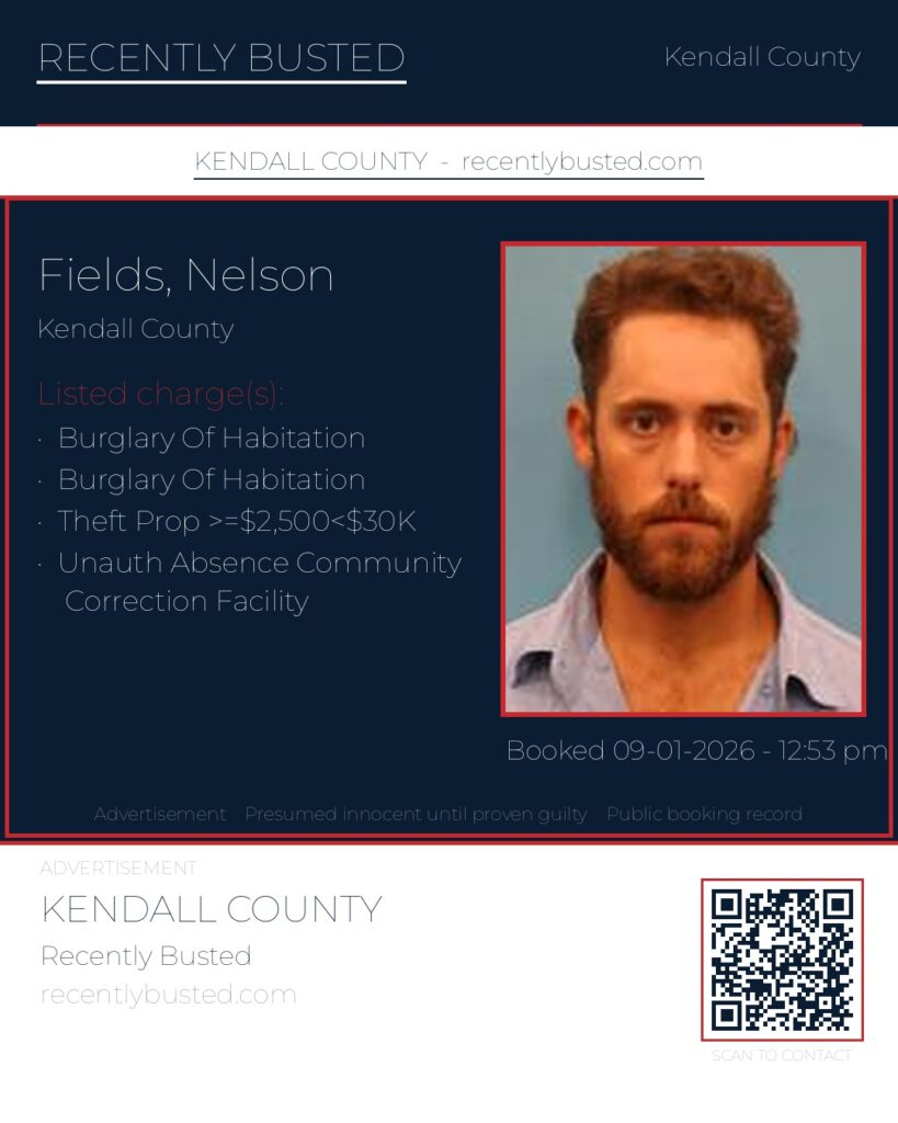 Fields, Nelson — arrest record card, Kendall County, Texas