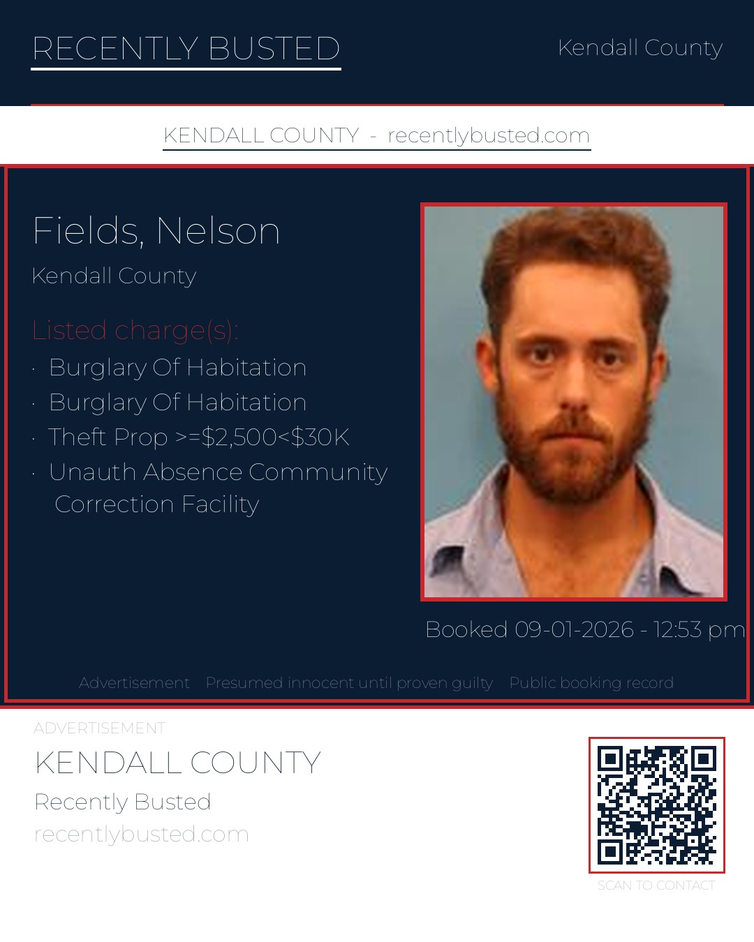Fields, Nelson — arrest record card, Kendall County, Texas