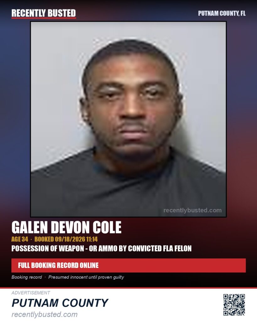 Galen Devon Cole — arrest record card, Putnam County, Florida