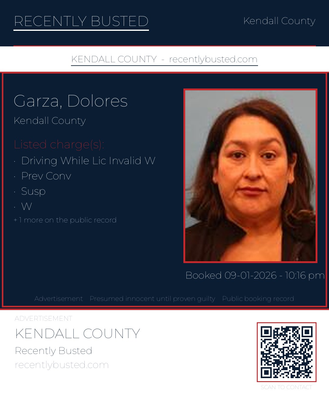 Garza, Dolores — arrest record card, Kendall County, Texas