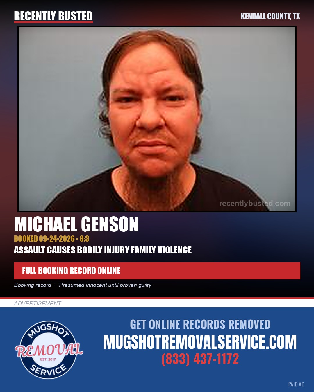 Genson, Michael — arrest record card, Kendall County, Texas