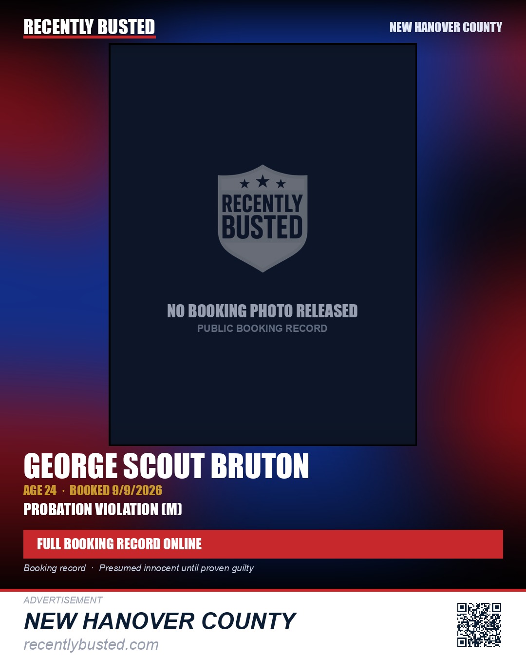 GEORGE SCOUT BRUTON — arrest record card, New Hanover County