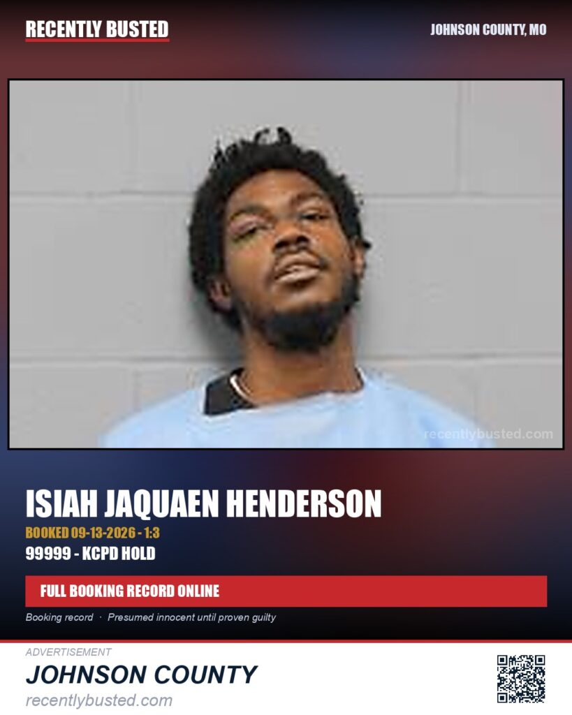 HENDERSON, ISIAH JAQUAEN — arrest record card, Johnson County, Missouri