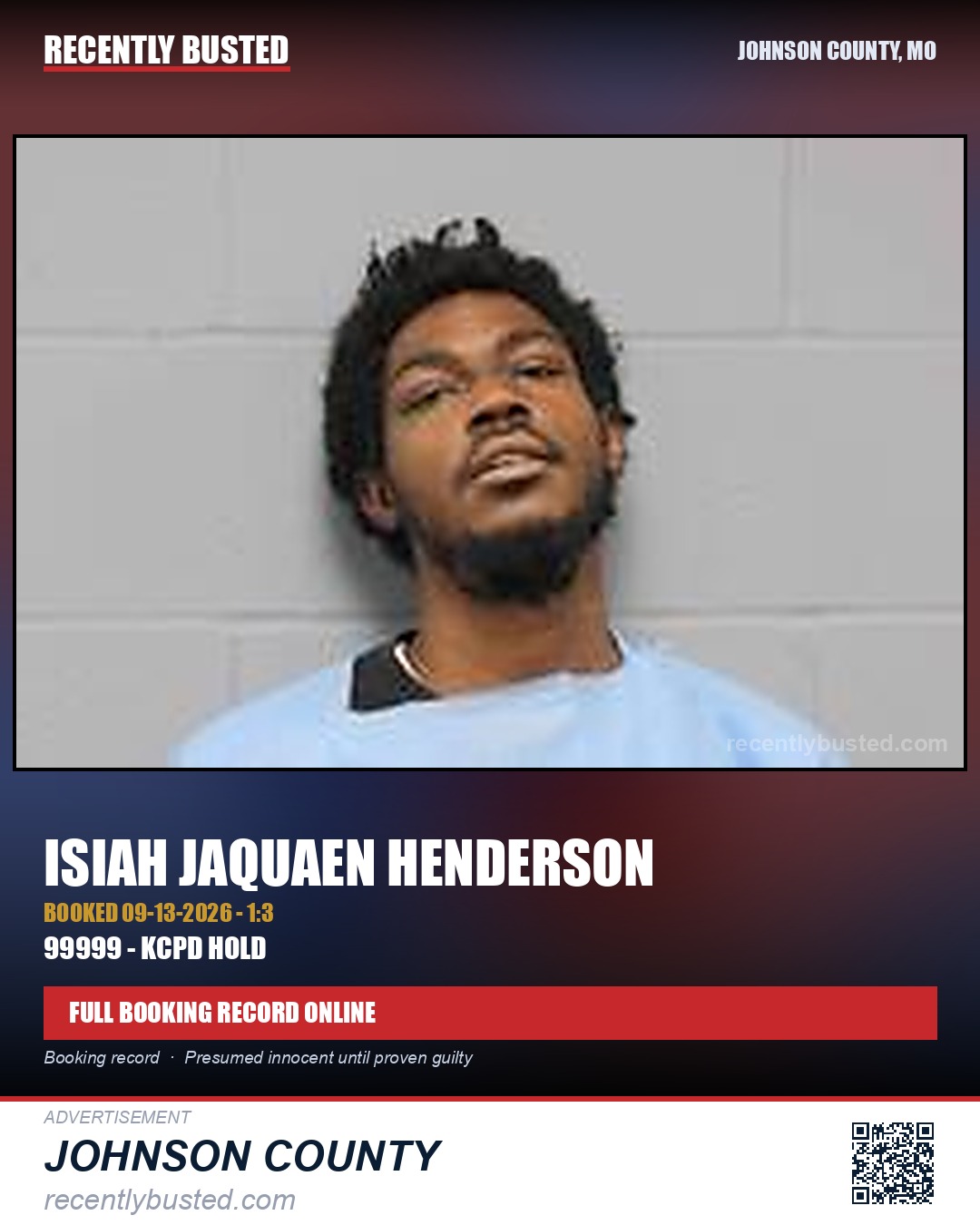 HENDERSON, ISIAH JAQUAEN — arrest record card, Johnson County, Missouri