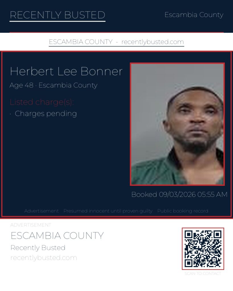 Herbert Lee Bonner — arrest record card, Escambia County, Florida