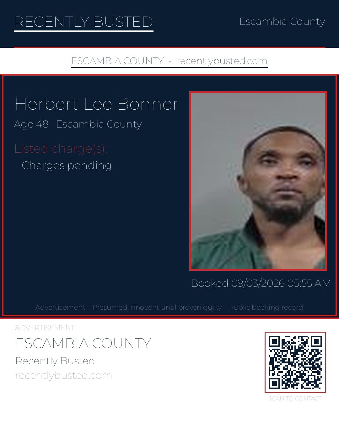Herbert Lee Bonner — arrest record card, Escambia County, Florida