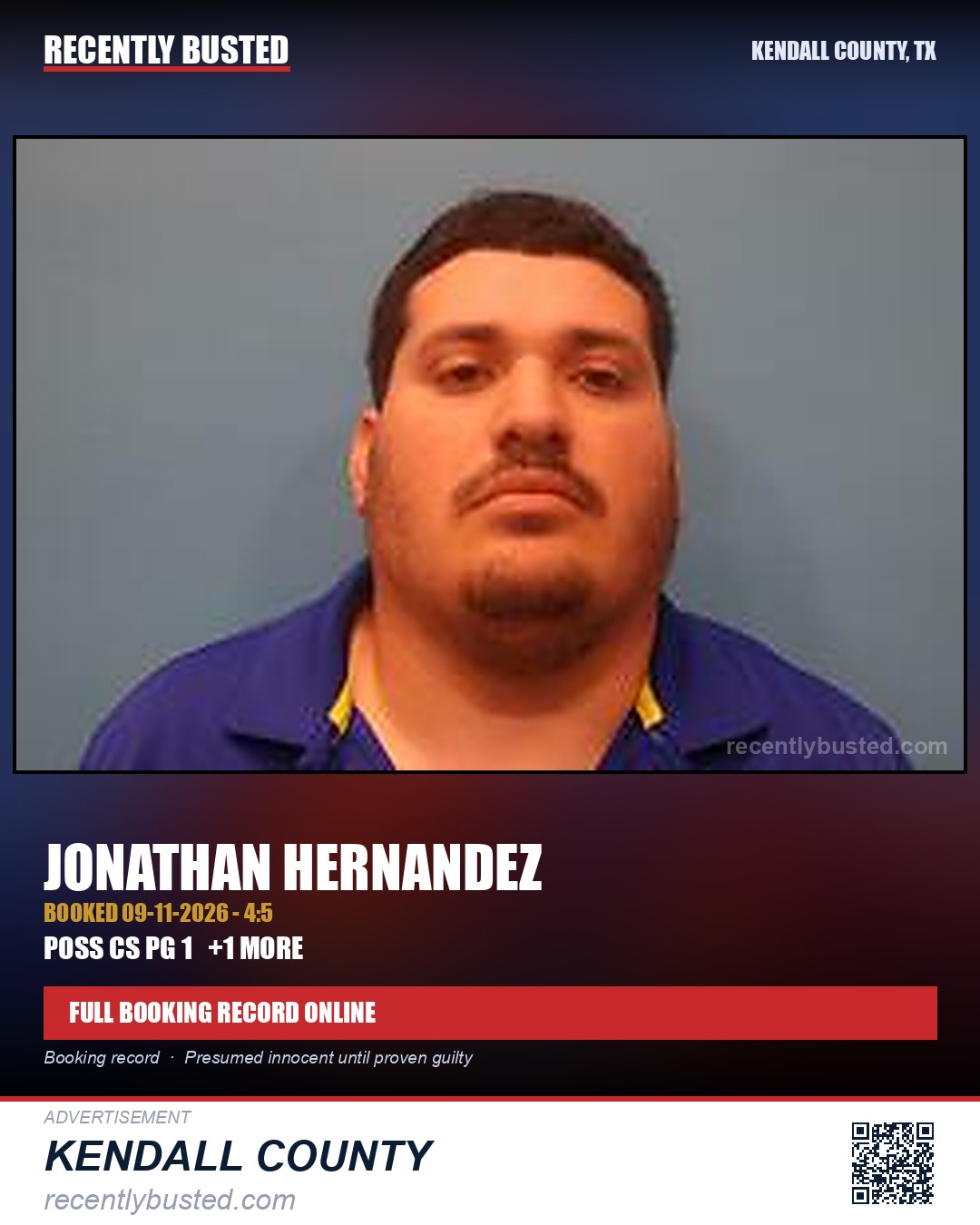 Hernandez, Jonathan — arrest record card, Kendall County, Texas