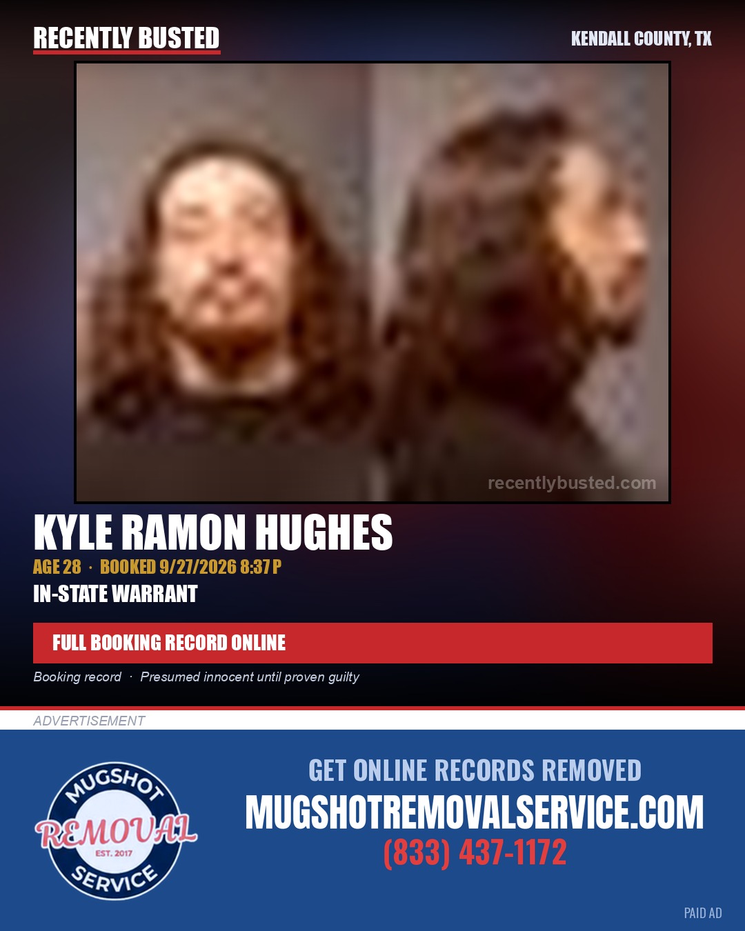 HUGHES, KYLE RAMON — arrest record card, Kendall County, Illinois