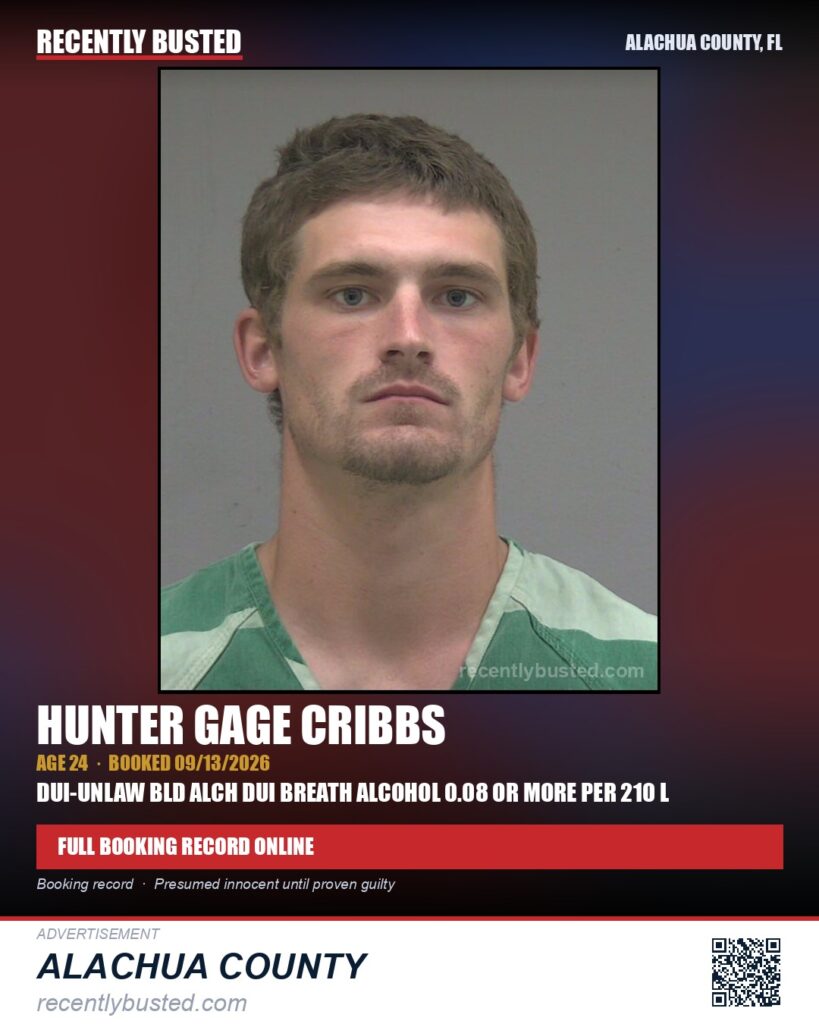 Hunter Gage Cribbs — arrest record card, Alachua County, Florida