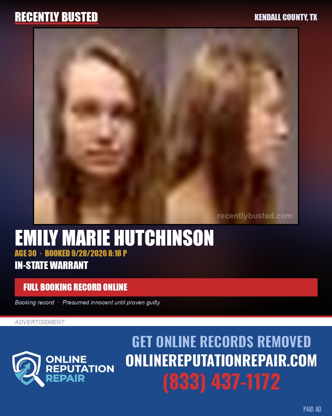 HUTCHINSON, EMILY MARIE — arrest record card, Kendall County, Illinois