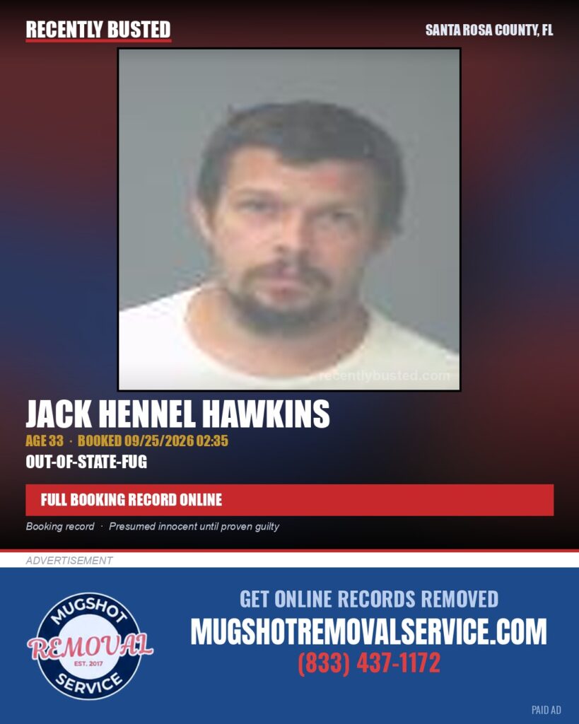 Jack Hennel Hawkins — arrest record card, Santa Rosa County, Florida