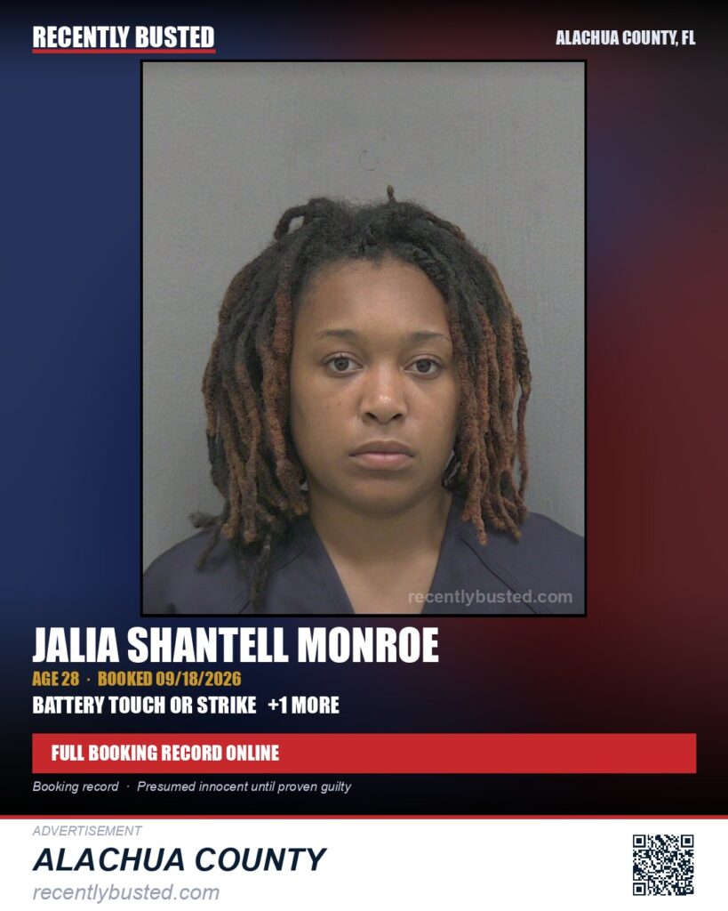 Jalia Shantell Monroe — arrest record card, Alachua County, Florida