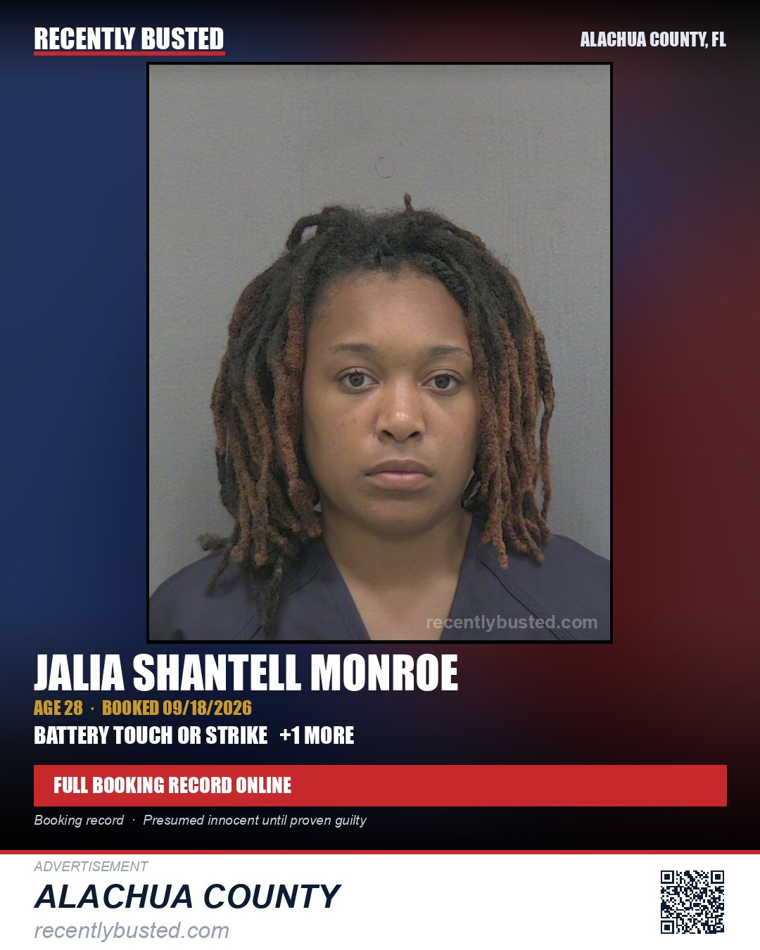 Jalia Shantell Monroe — arrest record card, Alachua County, Florida