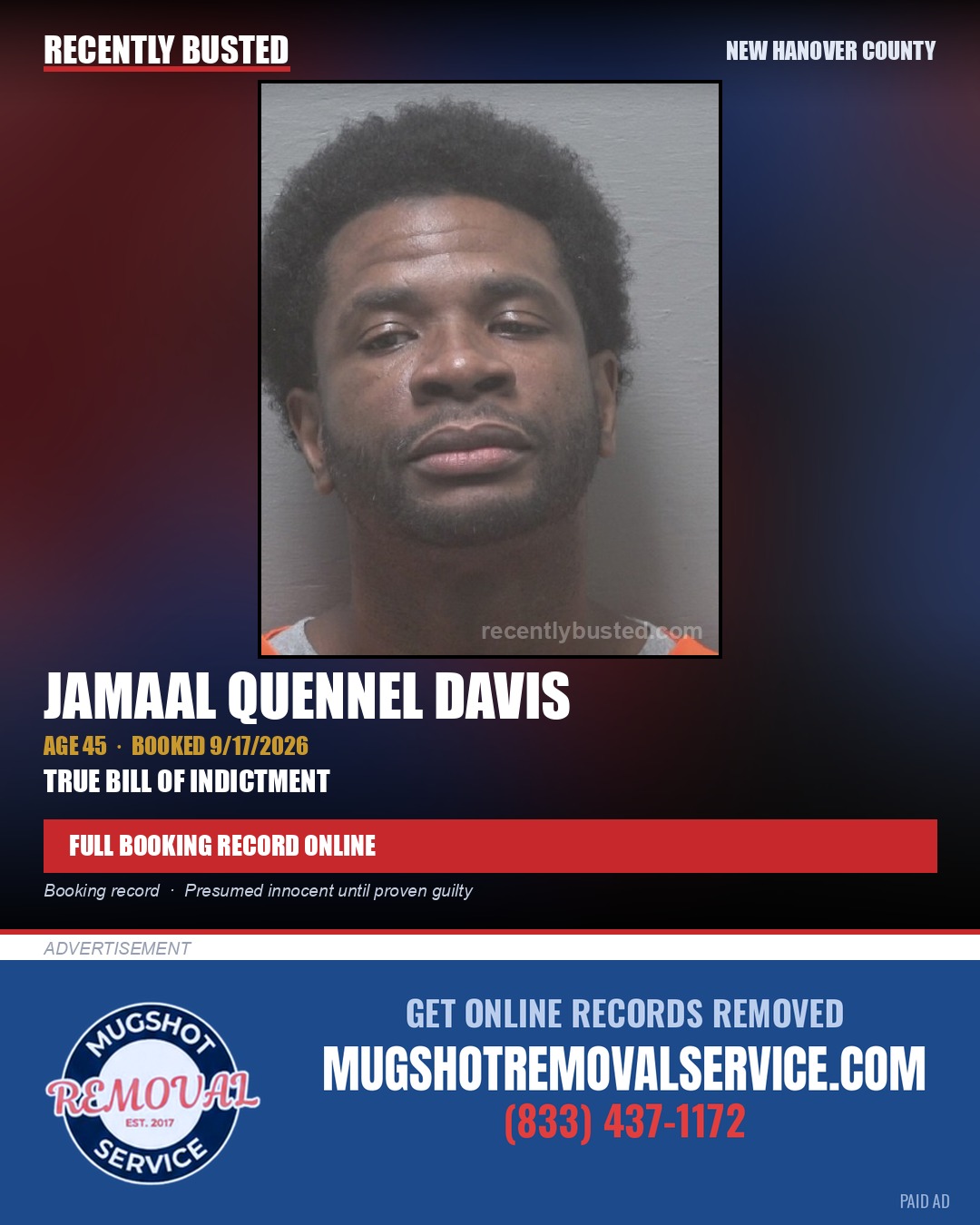 JAMAAL QUENNEL DAVIS — arrest record card, New Hanover County