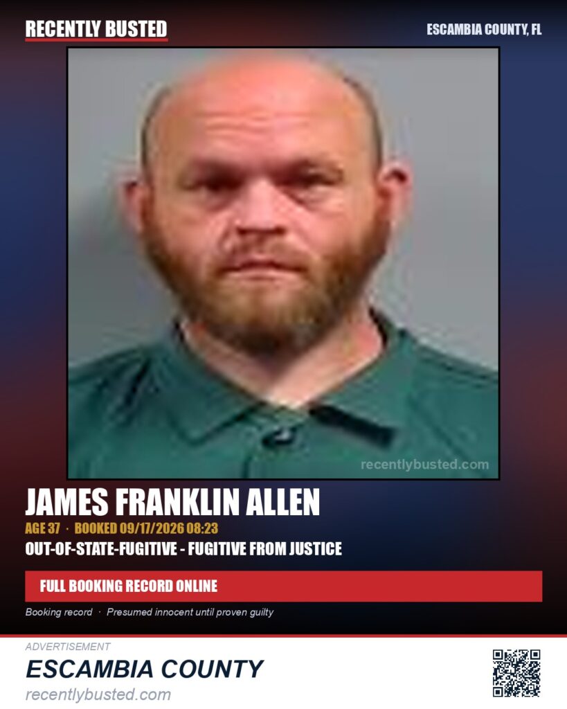 James Franklin Allen — arrest record card, Escambia County, Florida