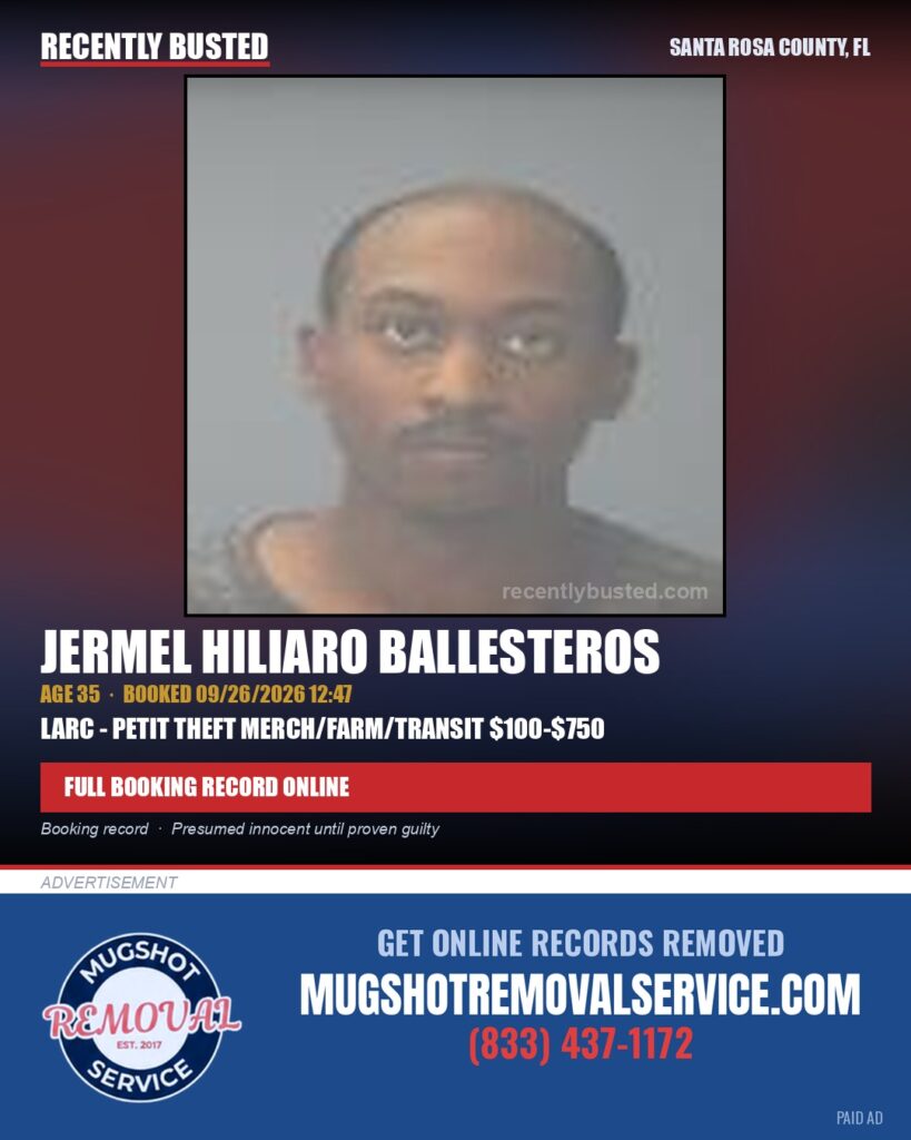 Jermel Hiliaro Ballesteros — arrest record card, Santa Rosa County, Florida