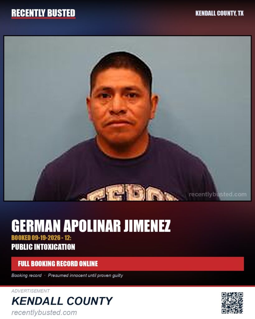 Jimenez, German Apolinar — arrest record card, Kendall County, Texas