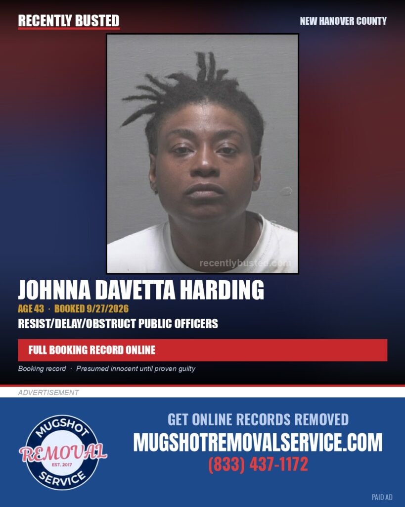 JOHNNA DAVETTA HARDING — arrest record card, New Hanover