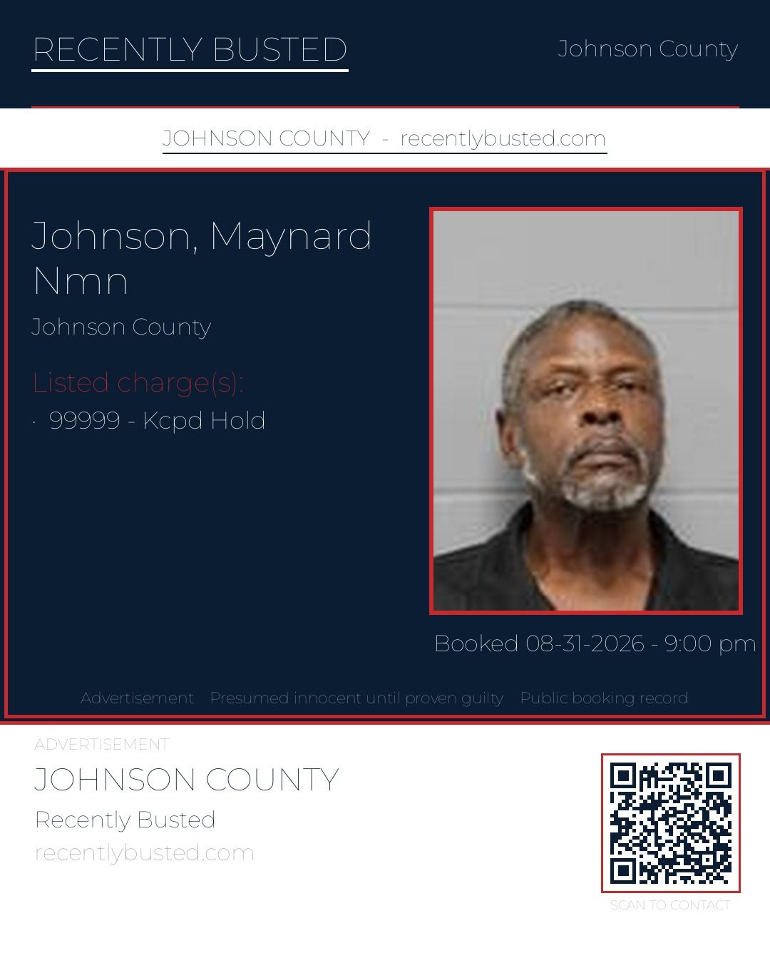 JOHNSON, MAYNARD NMN — arrest record card, Johnson County, Missouri
