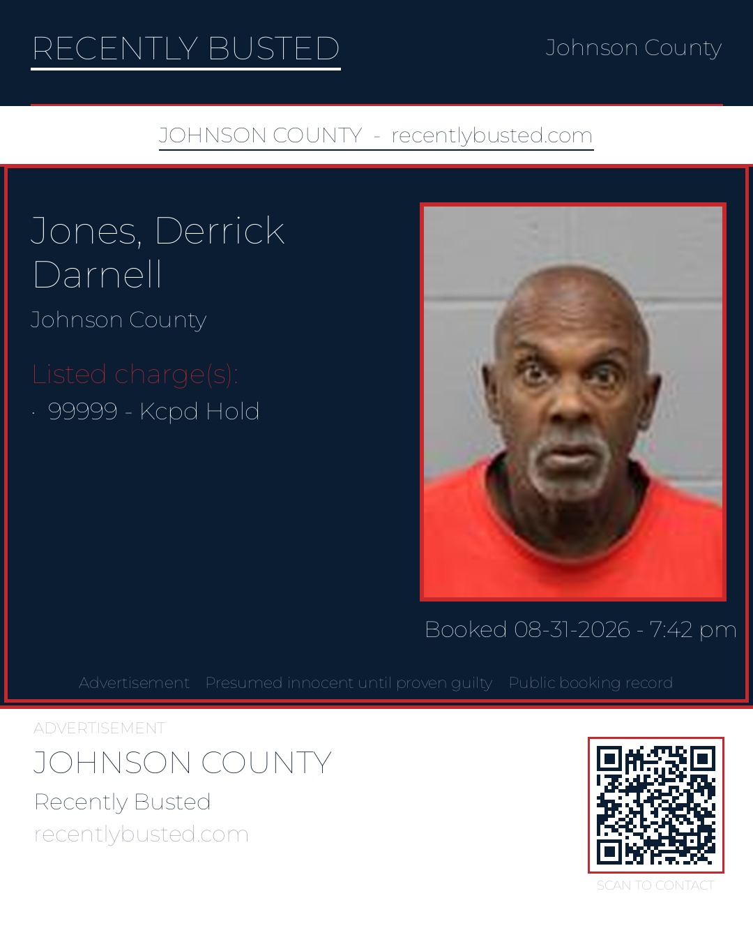 JONES, DERRICK DARNELL — arrest record card, Johnson County, Missouri