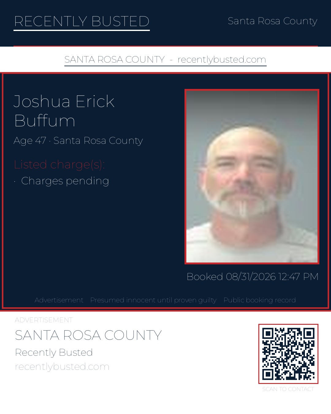 Joshua Erick Buffum — arrest record card, Santa Rosa County, Florida