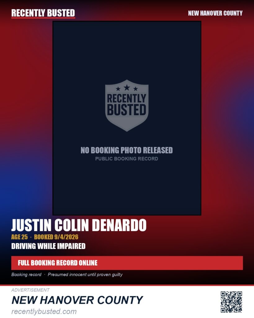 JUSTIN COLIN DENARDO — arrest record card, New Hanover