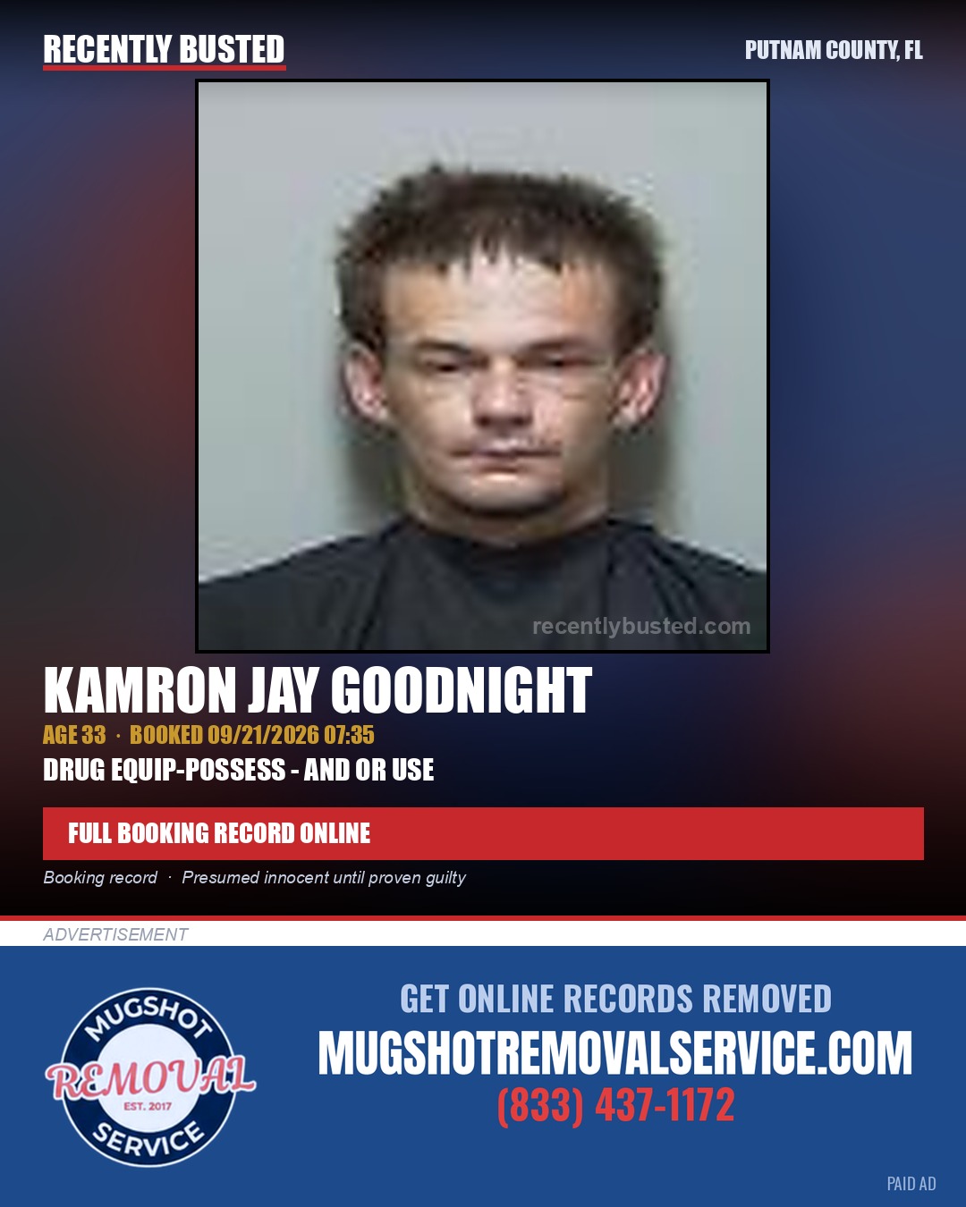 Kamron Jay Goodnight — arrest record card, Putnam County, Florida