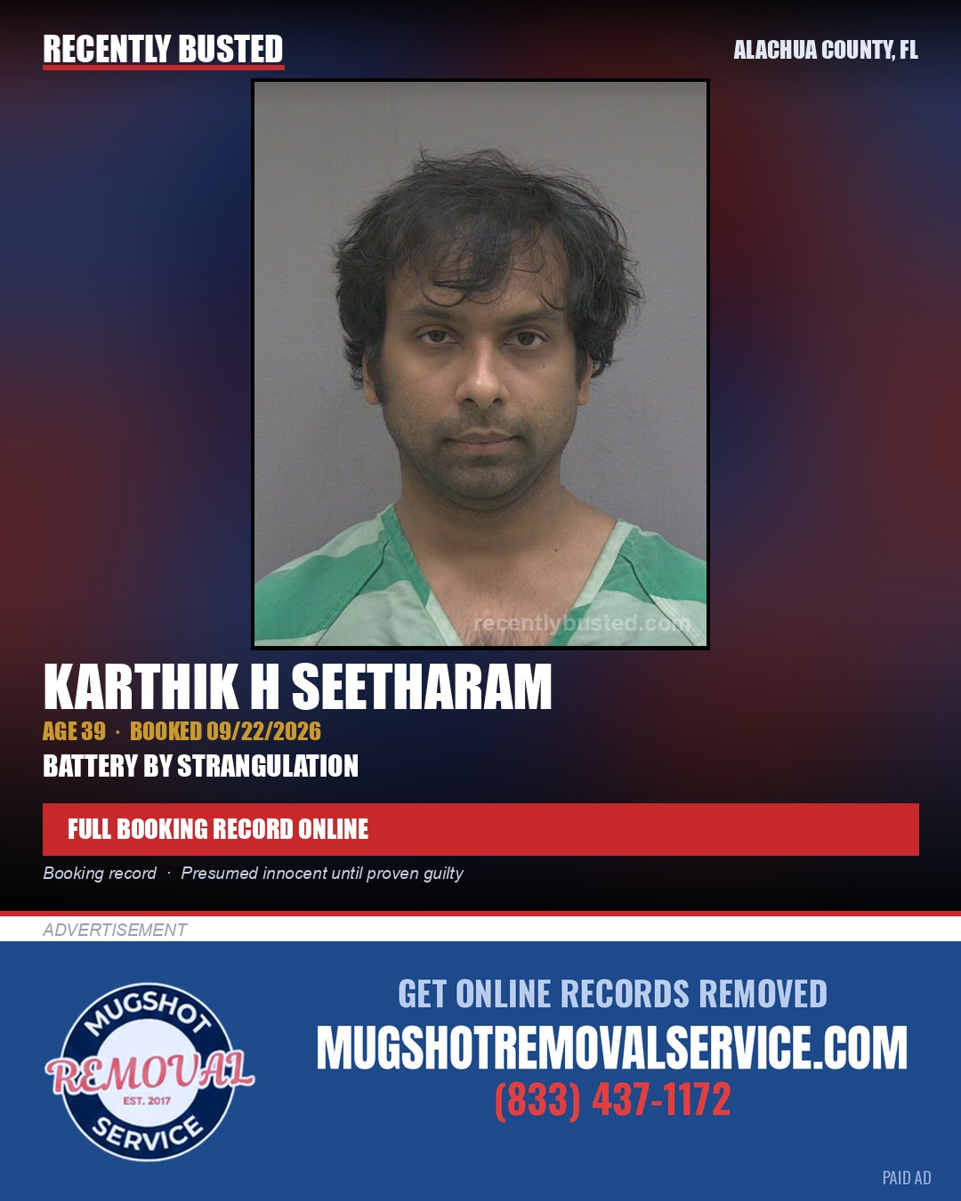 Karthik H Seetharam — arrest record card, Alachua County, Florida