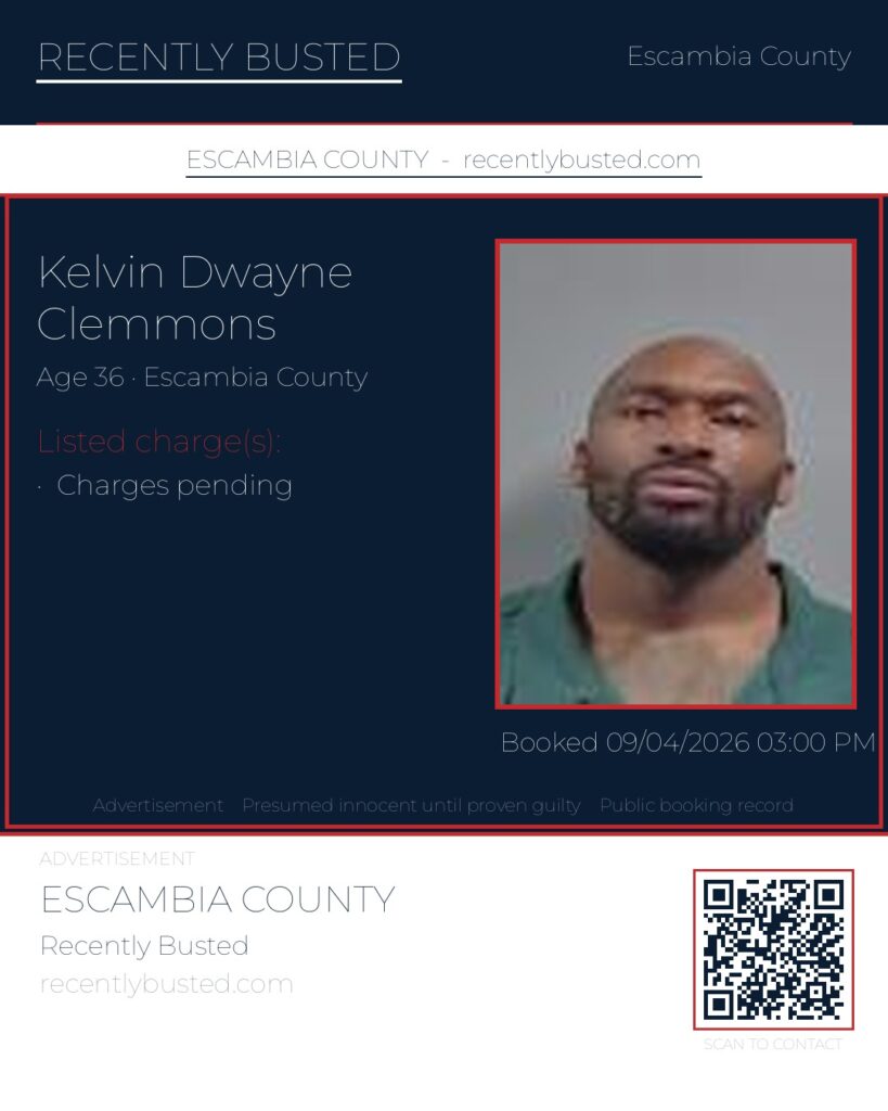 Kelvin Dwayne Clemmons — arrest record card, Escambia County, Florida
