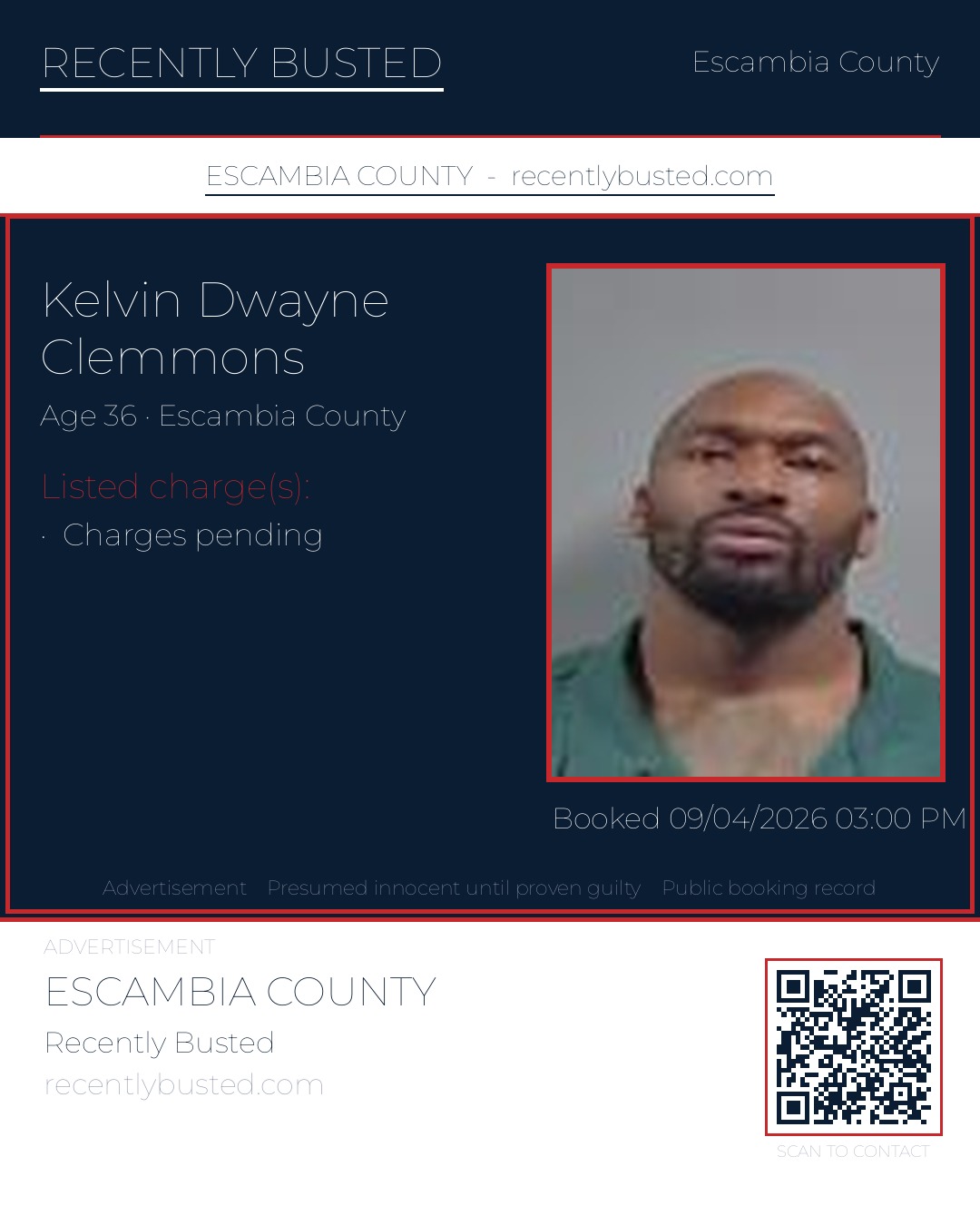Kelvin Dwayne Clemmons — arrest record card, Escambia County, Florida