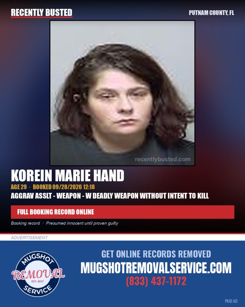 Korein Marie Hand — arrest record card, Putnam County, Florida
