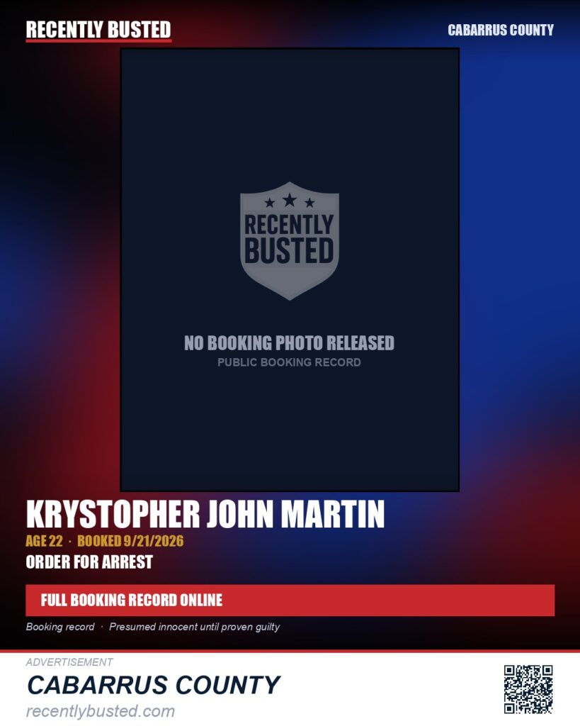 KRYSTOPHER JOHN MARTIN — arrest record card, Cabarrus County