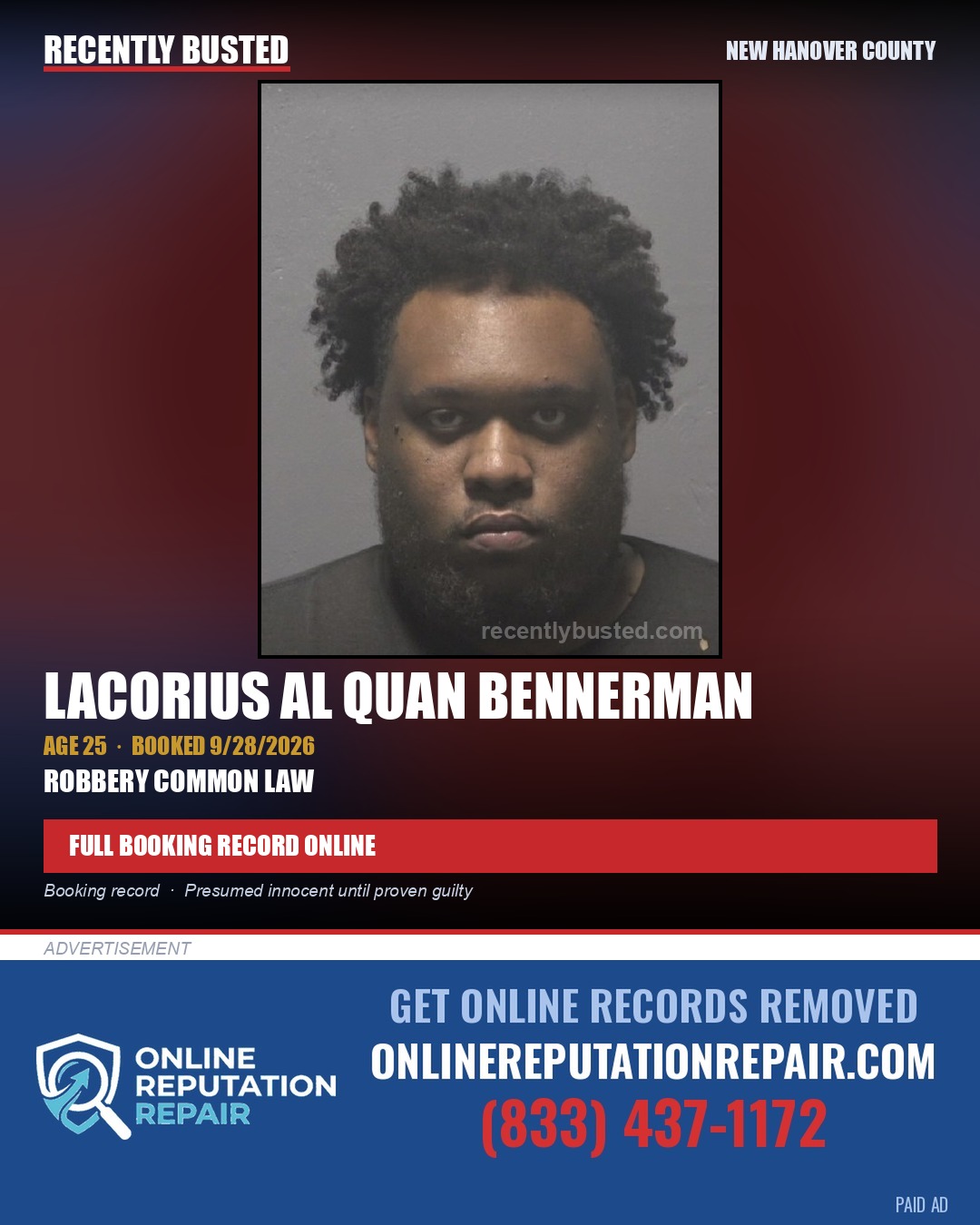 LACORIUS AL QUAN BENNERMAN — arrest record card, New Hanover County